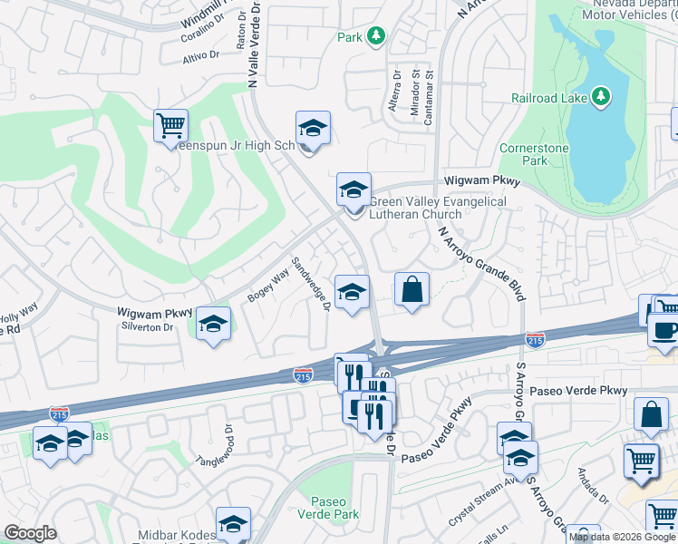 map of restaurants, bars, coffee shops, grocery stores, and more near 75 North Valle Verde Drive in Henderson