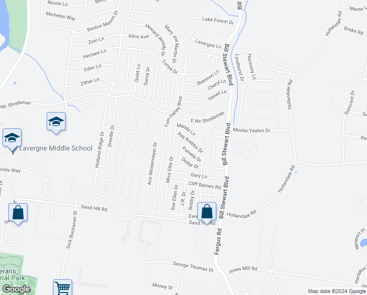 map of restaurants, bars, coffee shops, grocery stores, and more near 1505 Pamela Drive in La Vergne