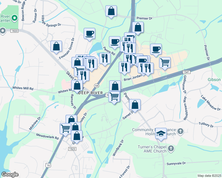 map of restaurants, bars, coffee shops, grocery stores, and more near 5300 West Wendover Avenue in High Point
