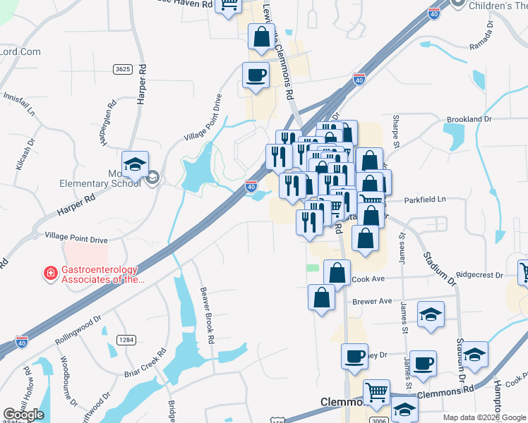 map of restaurants, bars, coffee shops, grocery stores, and more near 6421 Sessions Court in Clemmons