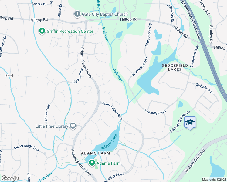 map of restaurants, bars, coffee shops, grocery stores, and more near 6 Sawmill Court in Greensboro