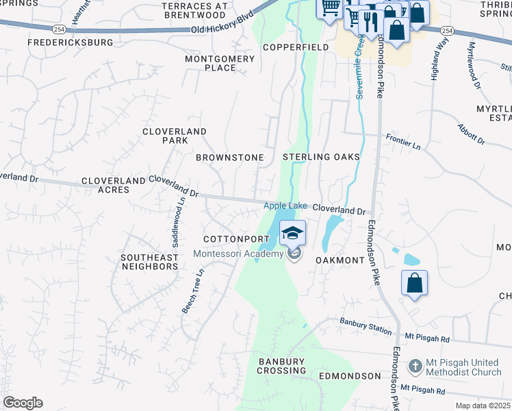 map of restaurants, bars, coffee shops, grocery stores, and more near 325 Mayfield Station in Brentwood