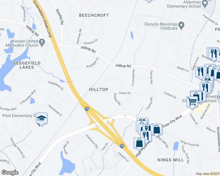 map of restaurants, bars, coffee shops, grocery stores, and more near 8 Cabot Court in Greensboro