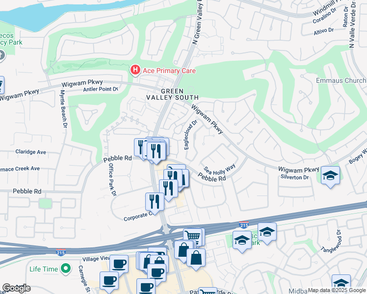 map of restaurants, bars, coffee shops, grocery stores, and more near 2186 Eaglecloud Drive in Henderson
