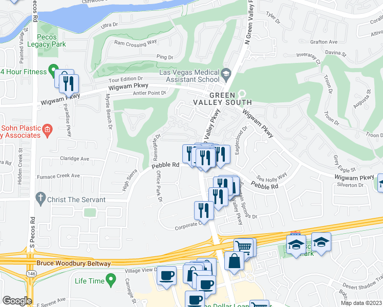 map of restaurants, bars, coffee shops, grocery stores, and more near 2201 Ramsgate Drive in Henderson