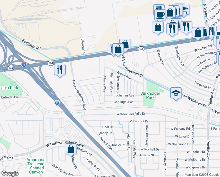 map of restaurants, bars, coffee shops, grocery stores, and more near 236 Bismark Way in Henderson