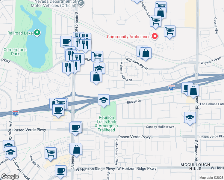 map of restaurants, bars, coffee shops, grocery stores, and more near 45 Maleena Mesa Street in Henderson