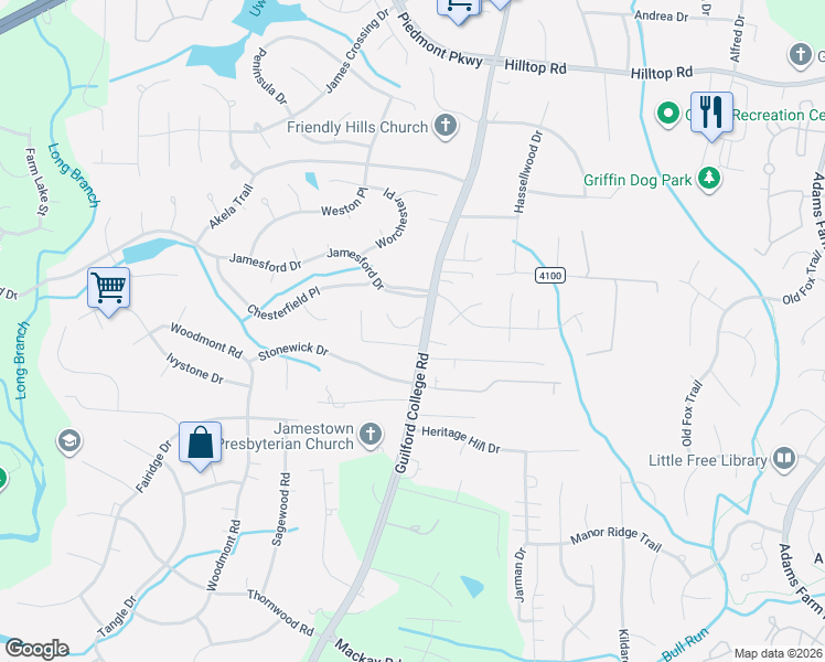 map of restaurants, bars, coffee shops, grocery stores, and more near 6302 Stone Gables Court in Jamestown