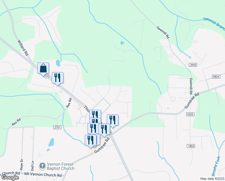 map of restaurants, bars, coffee shops, grocery stores, and more near 4675 Joe Shawn Road in Winston-Salem