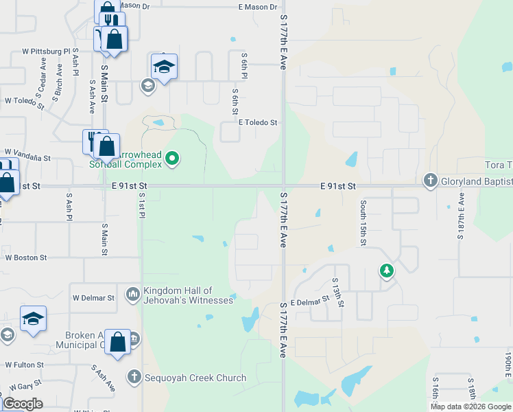 map of restaurants, bars, coffee shops, grocery stores, and more near 2301 South 7th Street in Broken Arrow