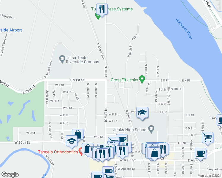 map of restaurants, bars, coffee shops, grocery stores, and more near 556 West K Place in Jenks