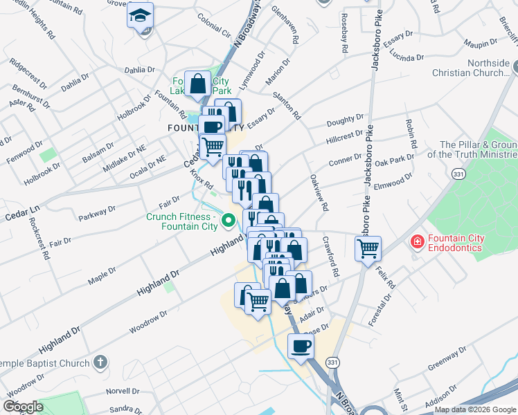 map of restaurants, bars, coffee shops, grocery stores, and more near 5036 North Broadway Street in Knoxville