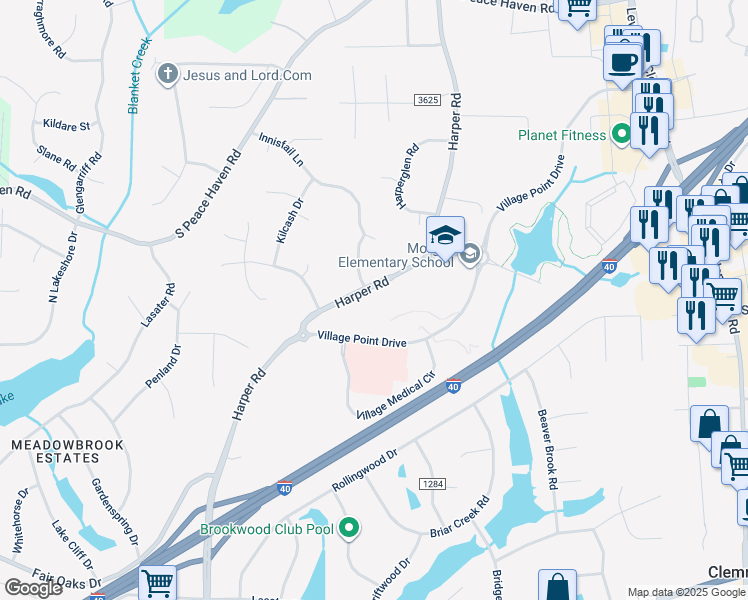 map of restaurants, bars, coffee shops, grocery stores, and more near 3430 Harper Road in Clemmons