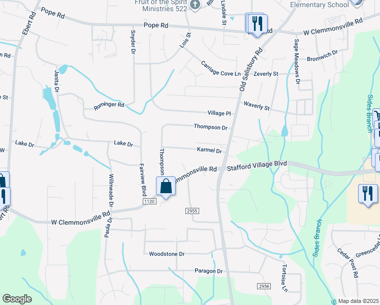 map of restaurants, bars, coffee shops, grocery stores, and more near 1704 Karmel Drive in Winston-Salem