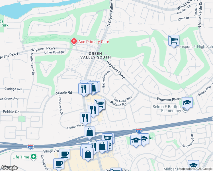 map of restaurants, bars, coffee shops, grocery stores, and more near 2177 Eaglecloud Drive in Henderson