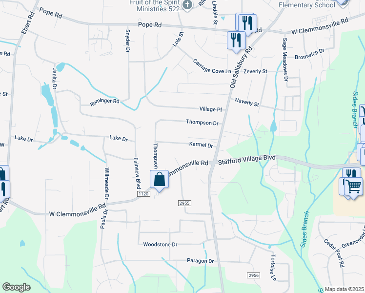 map of restaurants, bars, coffee shops, grocery stores, and more near 1704 Karmel Drive in Winston-Salem