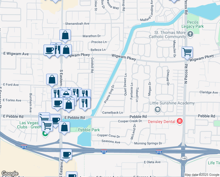 map of restaurants, bars, coffee shops, grocery stores, and more near 59 Prairie Dog Drive in Henderson