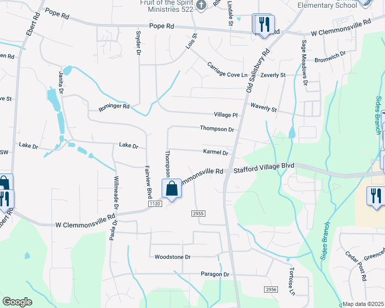 map of restaurants, bars, coffee shops, grocery stores, and more near 1708 Karmel Drive in Winston-Salem