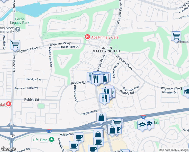 map of restaurants, bars, coffee shops, grocery stores, and more near 2201 Ramsgate Drive in Henderson
