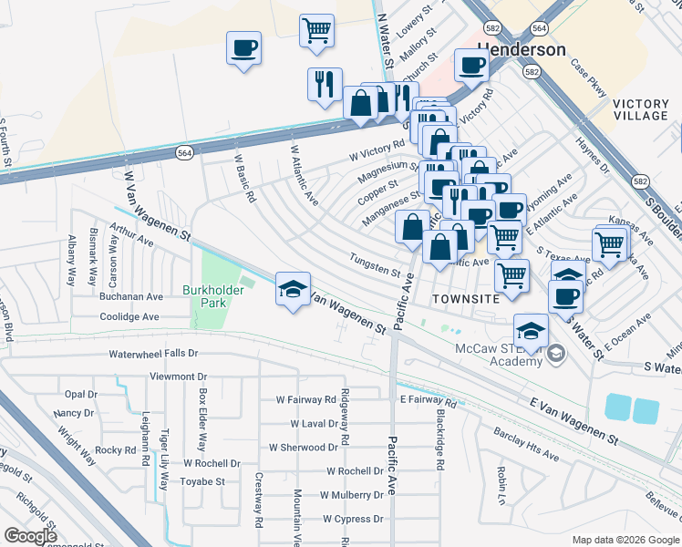 map of restaurants, bars, coffee shops, grocery stores, and more near 255 Tungsten Street in Henderson