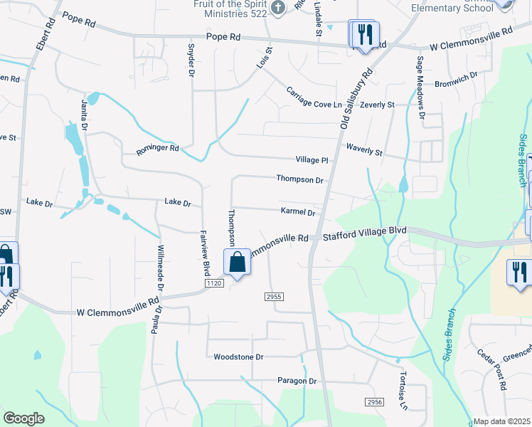 map of restaurants, bars, coffee shops, grocery stores, and more near 1708 Karmel Drive in Winston-Salem