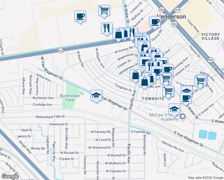 map of restaurants, bars, coffee shops, grocery stores, and more near 254 West Basic Road in Henderson