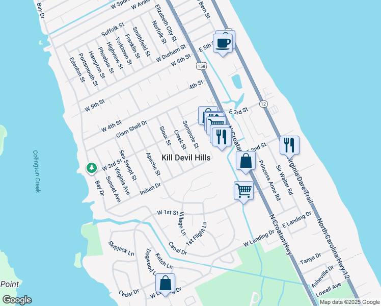 map of restaurants, bars, coffee shops, grocery stores, and more near 1711 Creek Street in Kill Devil Hills