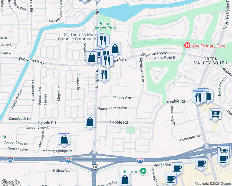 map of restaurants, bars, coffee shops, grocery stores, and more near 52 Moonrise Way in Henderson