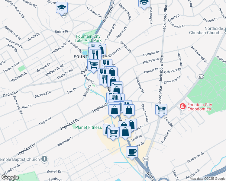 map of restaurants, bars, coffee shops, grocery stores, and more near 5036 North Broadway Street in Knoxville