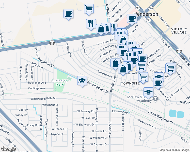 map of restaurants, bars, coffee shops, grocery stores, and more near 254 West Basic Road in Henderson