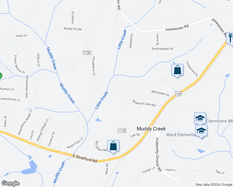 map of restaurants, bars, coffee shops, grocery stores, and more near 2580 Stratford Lake Road in Winston-Salem