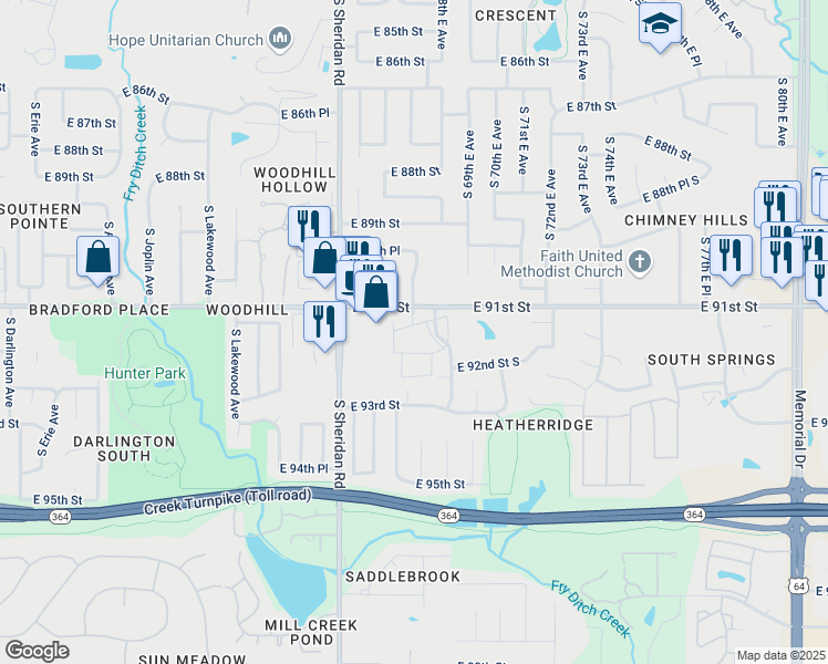 map of restaurants, bars, coffee shops, grocery stores, and more near 6748 East 91st Street in Tulsa