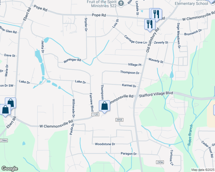 map of restaurants, bars, coffee shops, grocery stores, and more near 1705 Karmel Drive in Winston-Salem