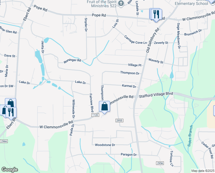 map of restaurants, bars, coffee shops, grocery stores, and more near 1724 Karmel Drive in Winston-Salem