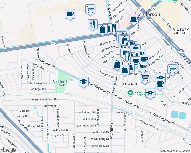 map of restaurants, bars, coffee shops, grocery stores, and more near 258 West Basic Road in Henderson