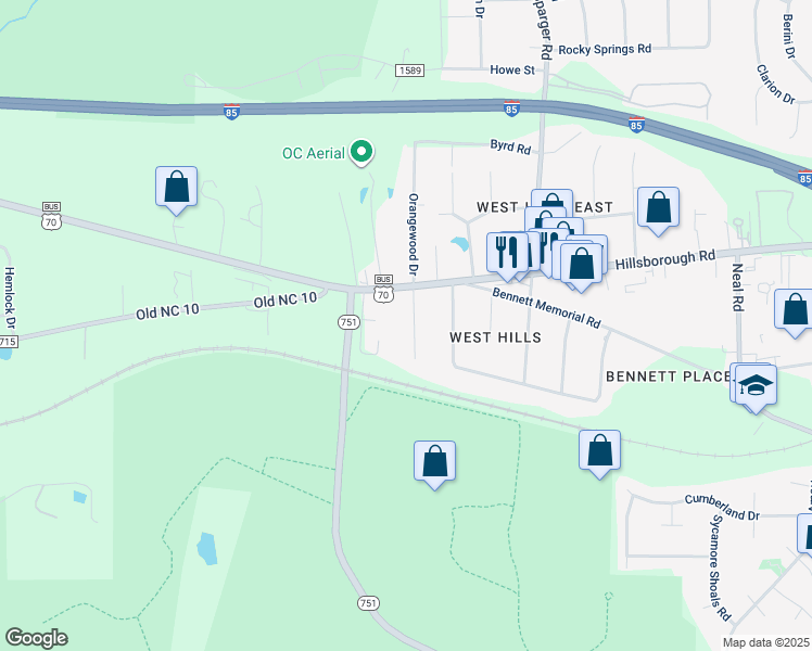map of restaurants, bars, coffee shops, grocery stores, and more near 114 Brenrose Circle in Durham