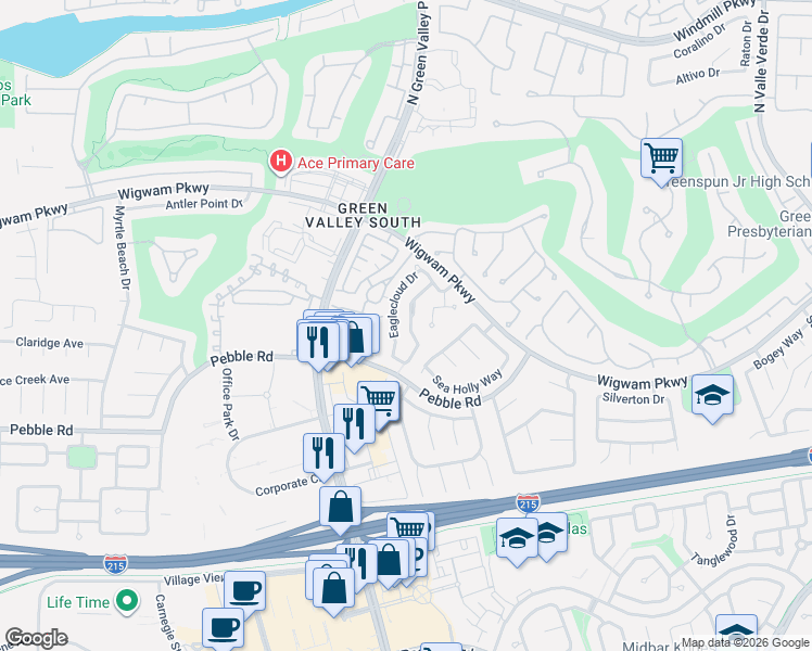map of restaurants, bars, coffee shops, grocery stores, and more near 77 Huntfield Drive in Henderson