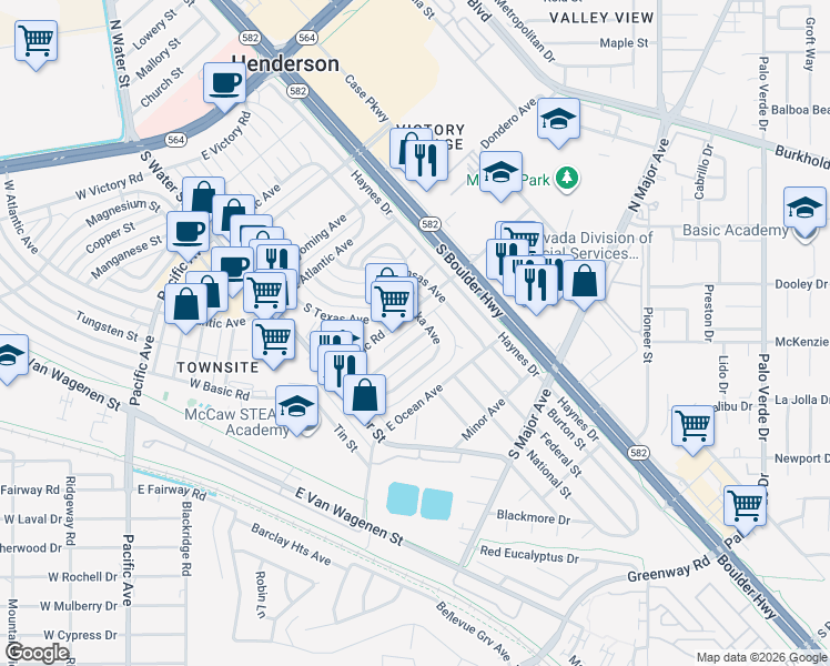 map of restaurants, bars, coffee shops, grocery stores, and more near 46 Arkansas Avenue in Henderson