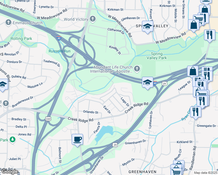 map of restaurants, bars, coffee shops, grocery stores, and more near Columbia Avenue in Greensboro