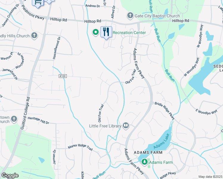 map of restaurants, bars, coffee shops, grocery stores, and more near 3 Brackenwood Court in Greensboro