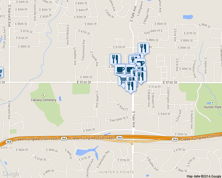 map of restaurants, bars, coffee shops, grocery stores, and more near 9109 South Urbana Avenue in Tulsa