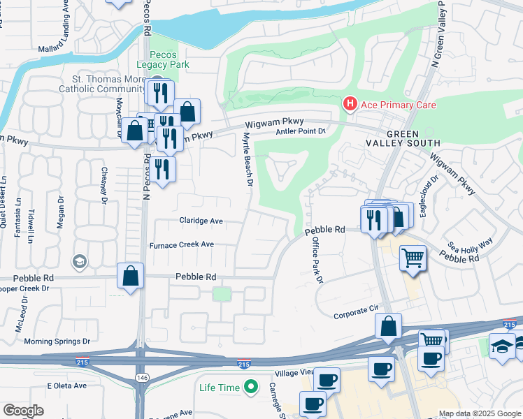 map of restaurants, bars, coffee shops, grocery stores, and more near 2426 Eagleridge Drive in Henderson