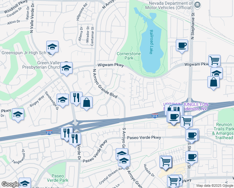 map of restaurants, bars, coffee shops, grocery stores, and more near 1615 Mowbray Court in Henderson