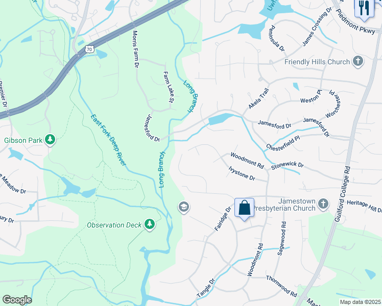 map of restaurants, bars, coffee shops, grocery stores, and more near 6617 Ivy Stone Drive in Jamestown