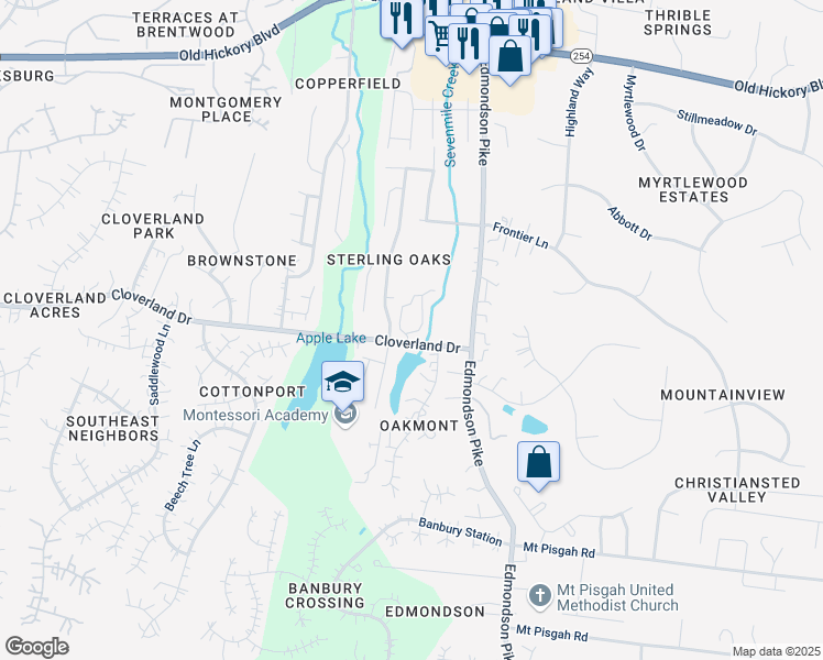 map of restaurants, bars, coffee shops, grocery stores, and more near 6030 Cloverland Drive in Brentwood