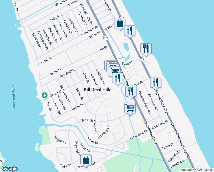 map of restaurants, bars, coffee shops, grocery stores, and more near 1715 Seminole Street in Kill Devil Hills