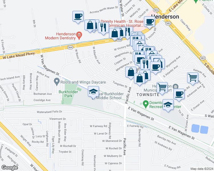 map of restaurants, bars, coffee shops, grocery stores, and more near 258 West Basic Road in Henderson