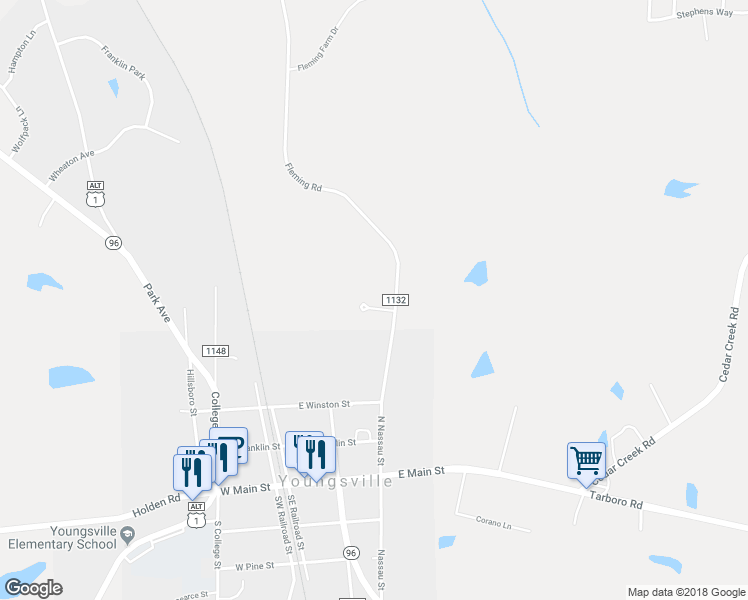 map of restaurants, bars, coffee shops, grocery stores, and more near 102 Anderson Park Drive in Youngsville