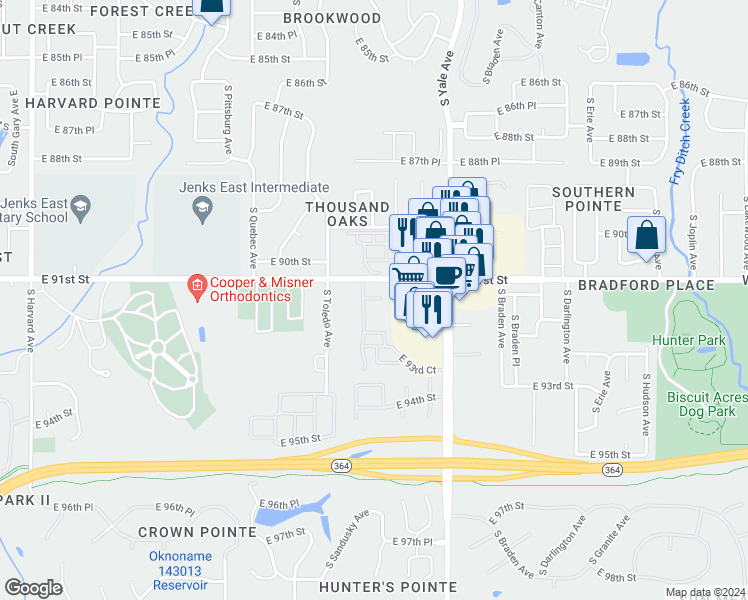 map of restaurants, bars, coffee shops, grocery stores, and more near 9109 South Urbana Avenue in Tulsa