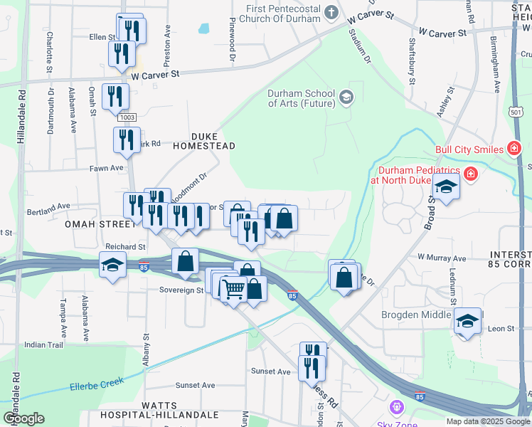 map of restaurants, bars, coffee shops, grocery stores, and more near 2023 Strebor Street in Durham
